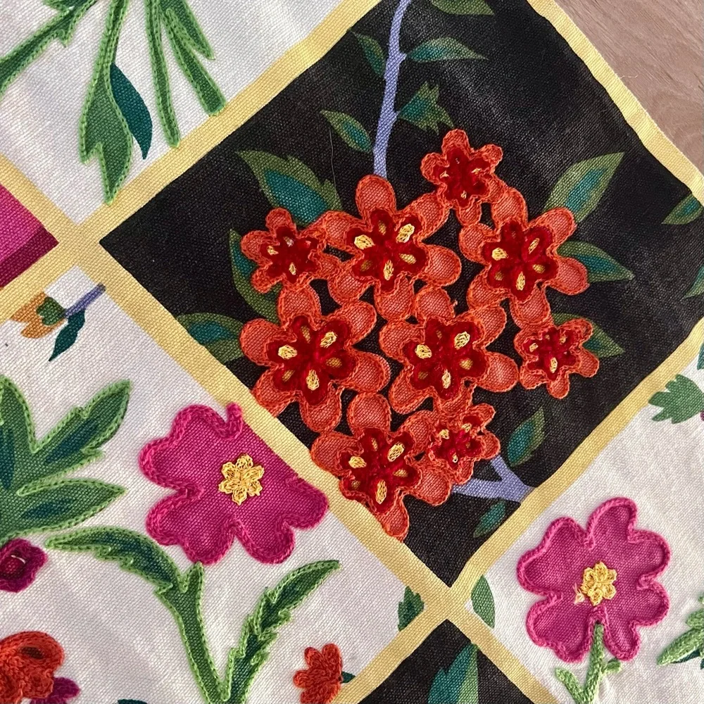 Pier 1 Table Runner Flowers Embroidered Chain Stitch Geraniums Rainbow 14” X 72”